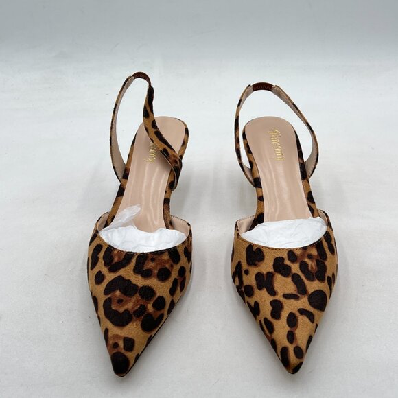Wansseny Leopard Suede Pointed Toe Slip on Elastic Backstrap Slingback Pumps - Picture 3 of 8